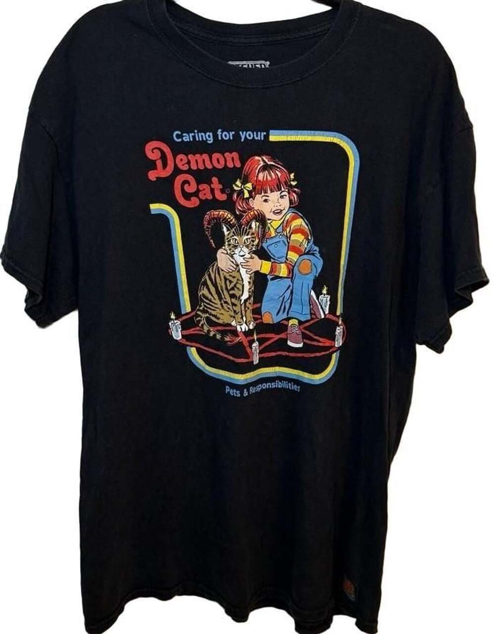 Funny Steven Rhodes Caring For Your Demon Cat Graphic T-Shirt Black XL